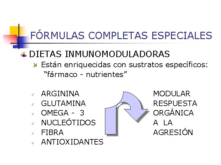 FÓRMULAS COMPLETAS ESPECIALES DIETAS INMUNOMODULADORAS Están enriquecidas con sustratos específicos: “fármaco - nutrientes” ARGININA