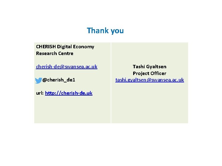 Thank you CHERISH Digital Economy Research Centre cherish-de@swansea. ac. uk @cherish_de 1 url: http: