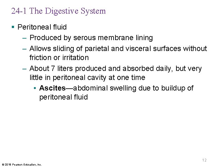 24 -1 The Digestive System § Peritoneal fluid – Produced by serous membrane lining