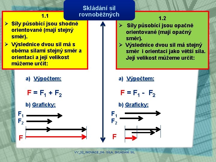 Skládání sil rovnoběžných 1. 1 Ø Síly působící jsou shodně orientované (mají stejný směr).