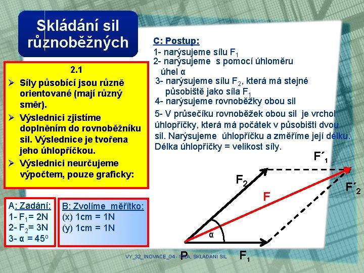 Skládání sil různoběžných 2. 1 Ø Síly působící jsou různě orientované (mají různý směr).