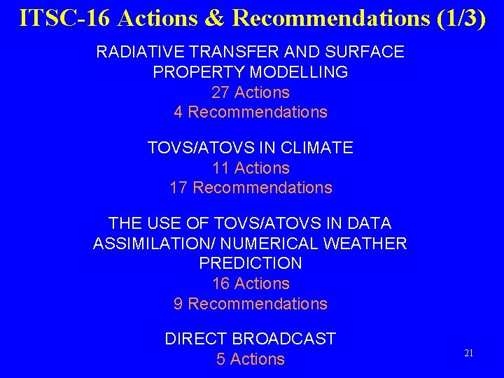 ITSC-16 Actions & Recommendations (1/3) RADIATIVE TRANSFER AND SURFACE PROPERTY MODELLING 27 Actions 4