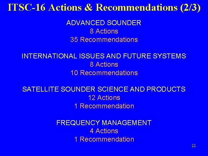 ITSC-16 Actions & Recommendations (2/3) ADVANCED SOUNDER 8 Actions 35 Recommendations INTERNATIONAL ISSUES AND