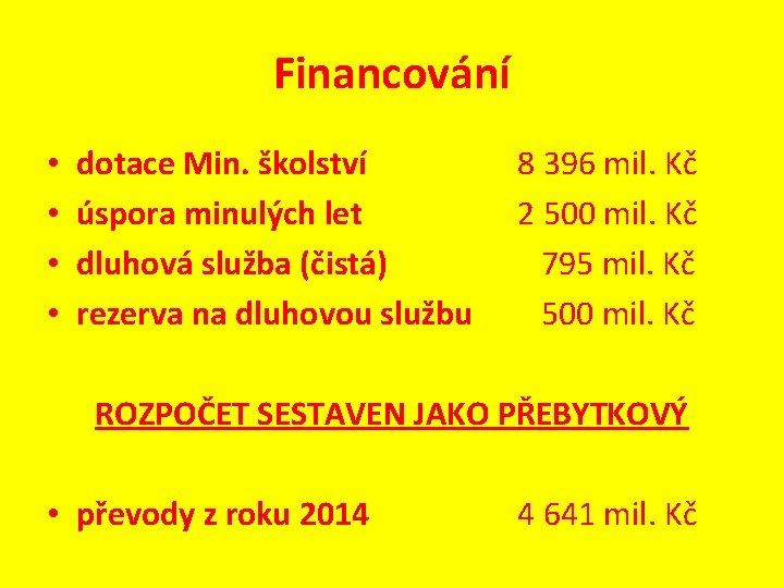 Financování • • dotace Min. školství úspora minulých let dluhová služba (čistá) rezerva na