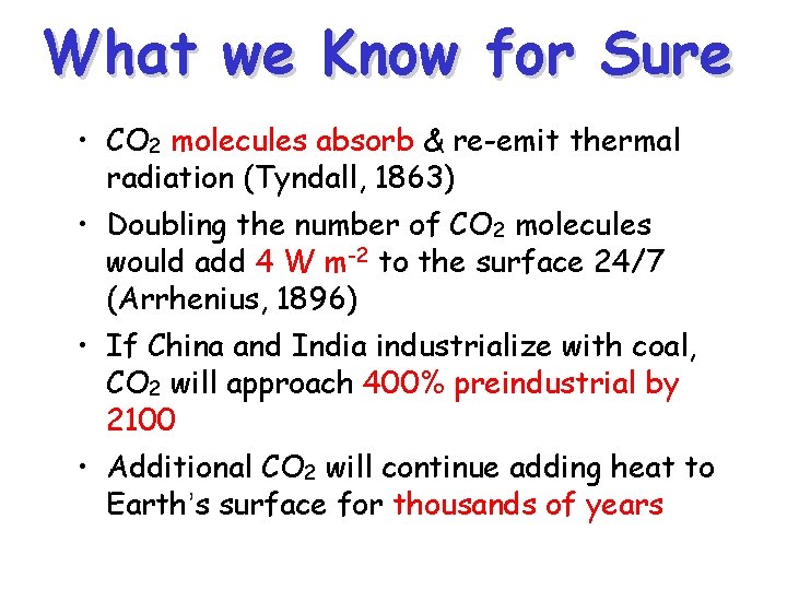 What we Know for Sure • CO 2 molecules absorb & re-emit thermal radiation