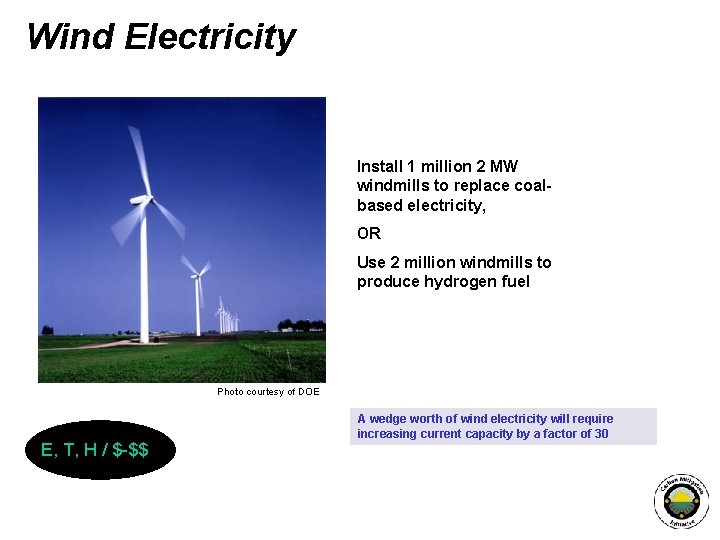 Wind Electricity Install 1 million 2 MW windmills to replace coalbased electricity, OR Use