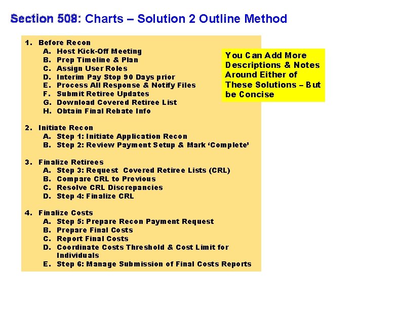Section 508: Charts – Solution 2 Outline Method 1. Before Recon A. Host Kick-Off