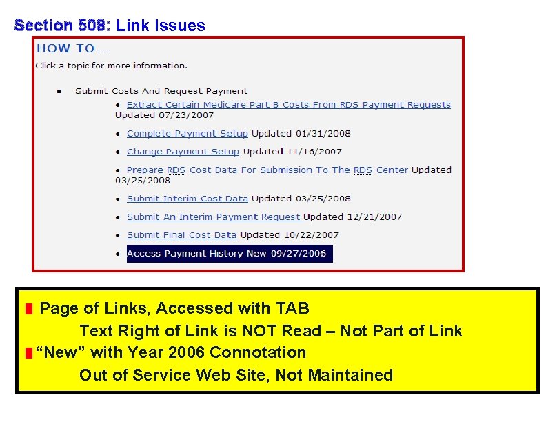 Section 508: Link Issues Page of Links, Accessed with TAB Text Right of Link