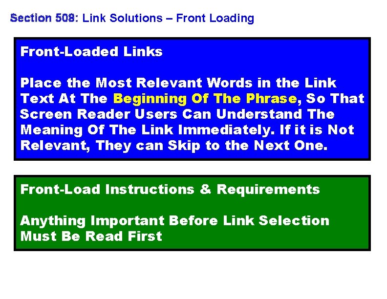 Section 508: Link Solutions – Front Loading Front-Loaded Links Place the Most Relevant Words