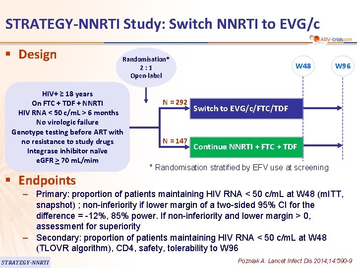 STRATEGY-NNRTI Study: Switch NNRTI to EVG/c § Design Randomisation* 2: 1 Open-label HIV+ ≥