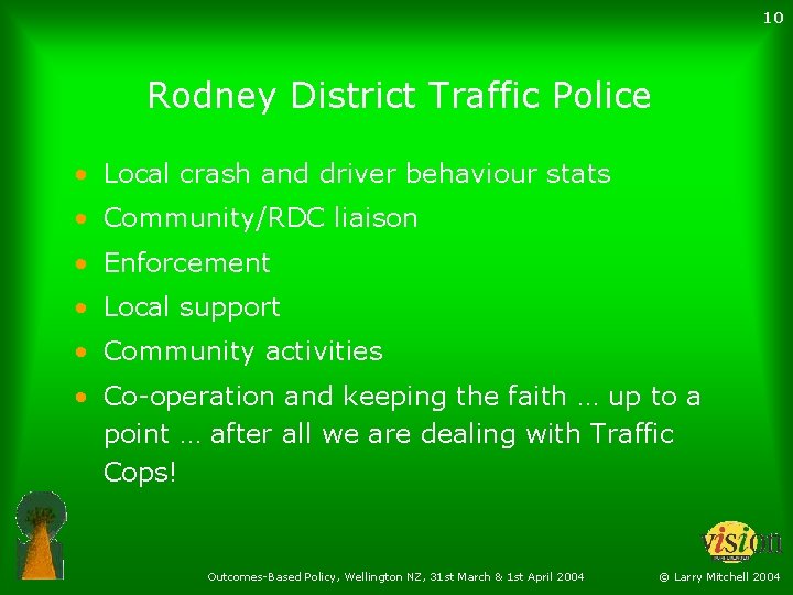 10 Rodney District Traffic Police • Local crash and driver behaviour stats • Community/RDC