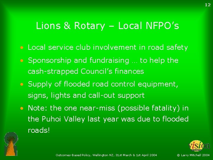 12 Lions & Rotary – Local NFPO’s • Local service club involvement in road
