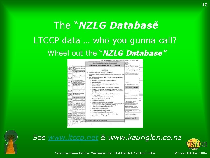 15 The “NZLG Database ” LTCCP data … who you gunna call? Wheel out