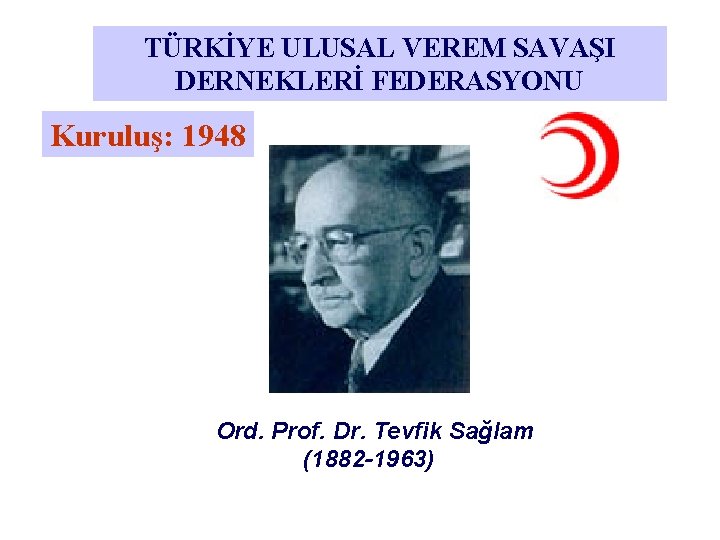 TÜRKİYE ULUSAL VEREM SAVAŞI DERNEKLERİ FEDERASYONU Kuruluş: 1948 Ord. Prof. Dr. Tevfik Sağlam (1882