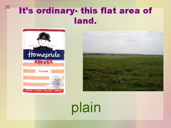 20 It’s ordinary- this flat area of land. plain 20 It’s ordinary- this flat area of land. plain