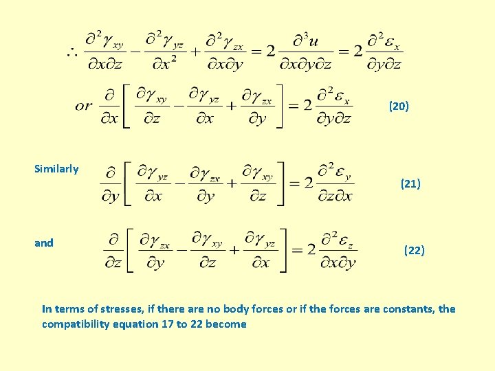 (20) Similarly (21) and (22) In terms of stresses, if there are no body