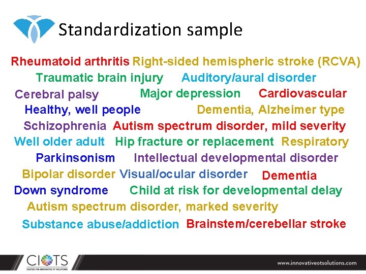 Standardization sample Rheumatoid arthritis Right-sided hemispheric stroke (RCVA) Traumatic brain injury Auditory/aural disorder Major