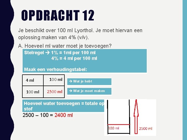 OPDRACHT 12 Je beschikt over 100 ml Lyorthol. Je moet hiervan een oplossing maken