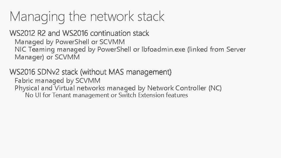 Managing the network stack Managed by Power. Shell or SCVMM NIC Teaming managed by