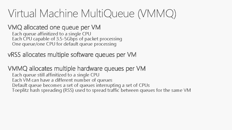 Virtual Machine Multi. Queue (VMMQ) Each queue affinitized to a single CPU Each CPU