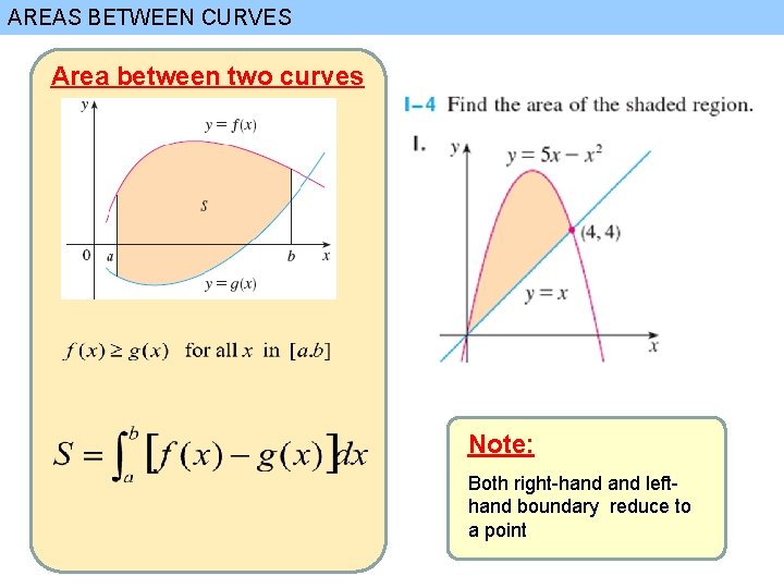 AREAS BETWEEN CURVES Area between two curves Note: Both right-hand lefthand boundary reduce to