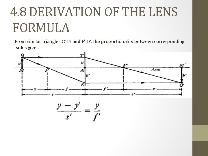 4. 8 DERIVATION OF THE LENS FORMULA From similar triangles Q'TS and F' TA