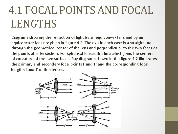 4. 1 FOCAL POINTS AND FOCAL LENGTHS Diagrams showing the refraction of light by