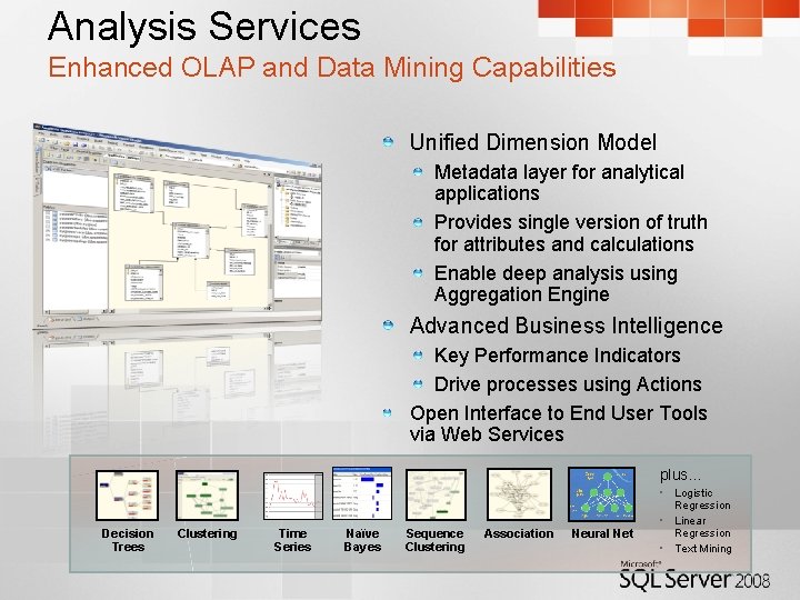 Analysis Services Enhanced OLAP and Data Mining Capabilities Unified Dimension Model Metadata layer for