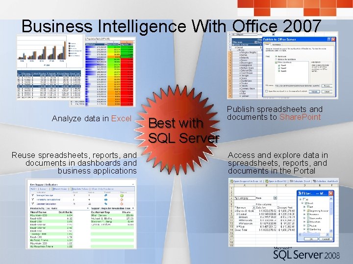 Business Intelligence With Office 2007 Analyze data in Excel Reuse spreadsheets, reports, and documents