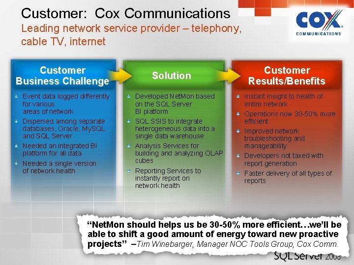 Customer: Cox Communications Leading network service provider – telephony, cable TV, internet Customer Business