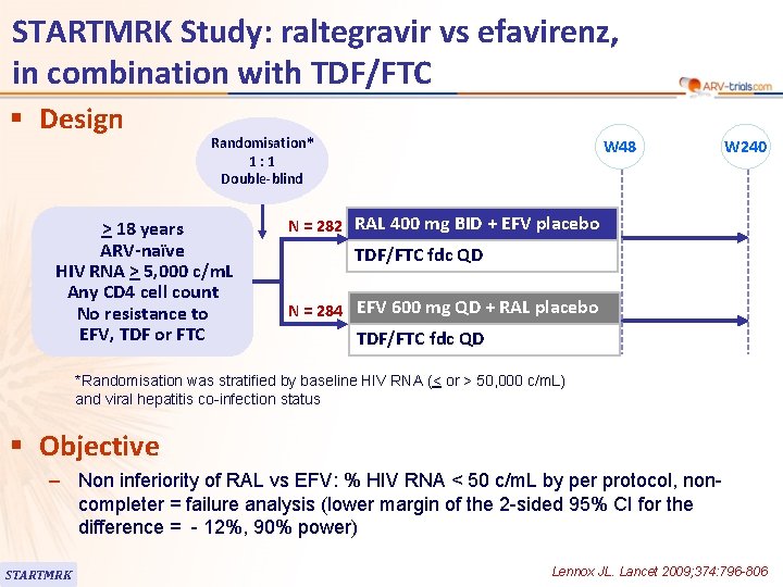 STARTMRK Study: raltegravir vs efavirenz, in combination with TDF/FTC § Design Randomisation* 1: 1