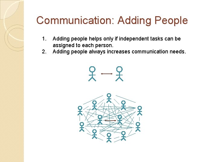 Communication: Adding People 1. 2. Adding people helps only if independent tasks can be