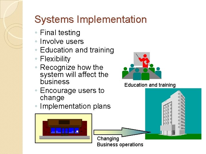 Systems Implementation ◦ ◦ ◦ Final testing Involve users Education and training Flexibility Recognize
