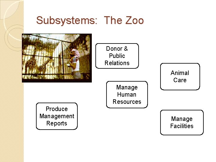 Subsystems: The Zoo Donor & Public Relations Animal Care Manage Human Resources Produce Management