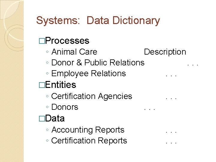 Systems: Data Dictionary �Processes ◦ Animal Care Description ◦ Donor & Public Relations. .