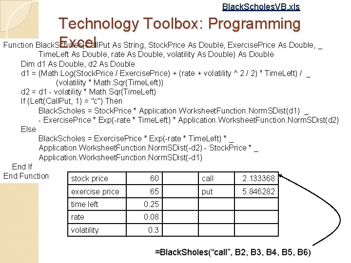 Black. Scholes. VB. xls Technology Toolbox: Programming Excel As String, Stock. Price As Double,