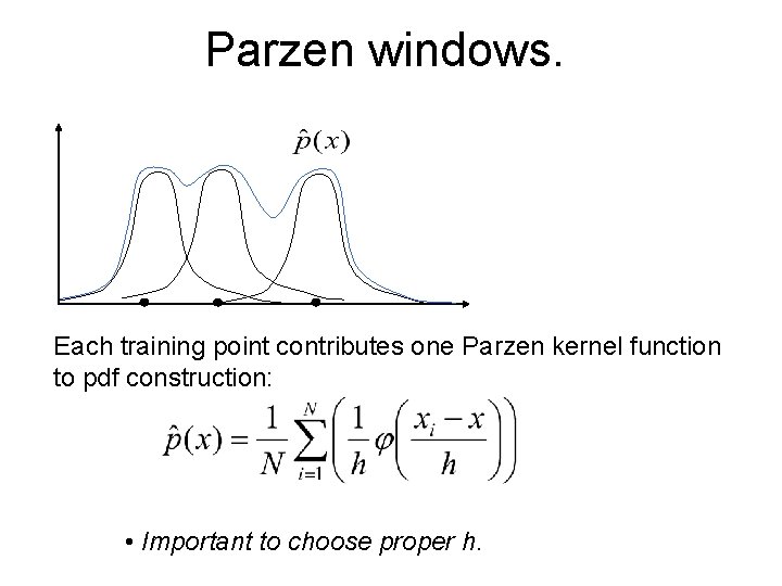 Parzen windows. Each training point contributes one Parzen kernel function to pdf construction: •