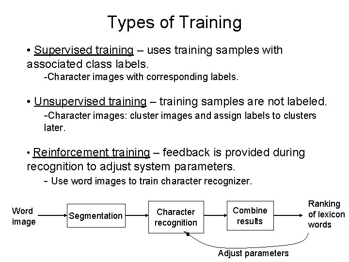 Types of Training • Supervised training – uses training samples with associated class labels.