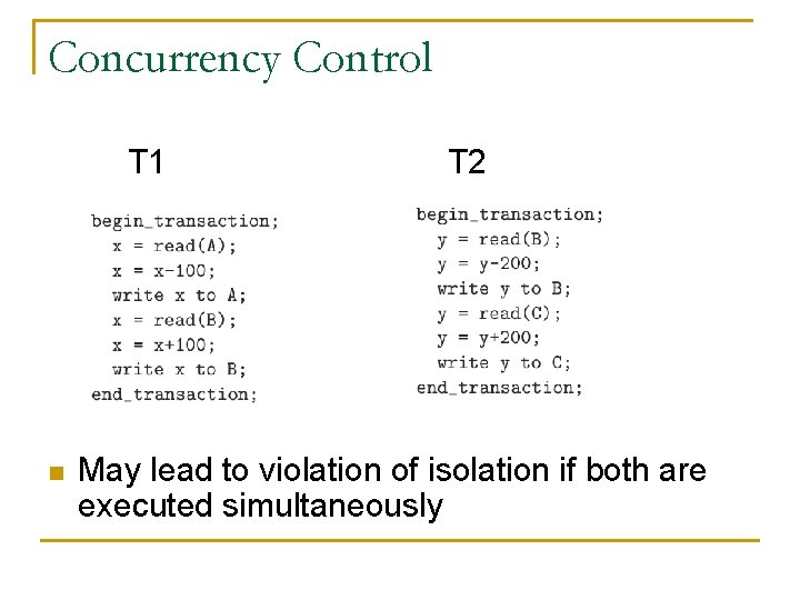 Concurrency Control T 1 n T 2 May lead to violation of isolation if