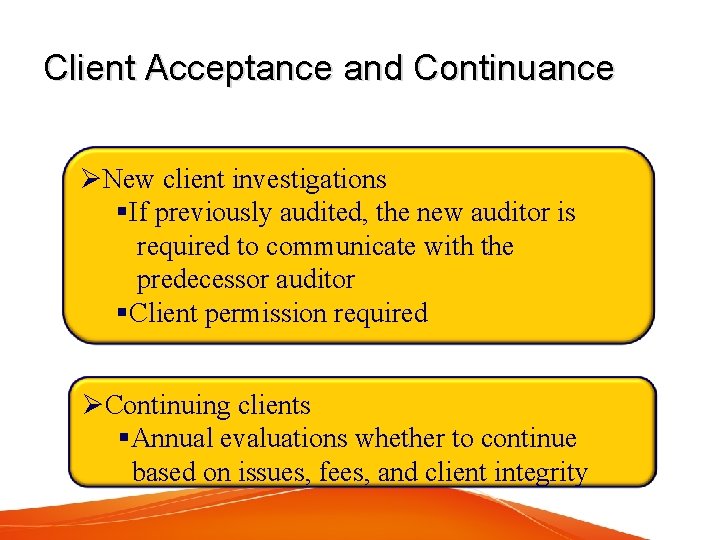 Client Acceptance and Continuance ØNew client investigations §If previously audited, the new auditor is