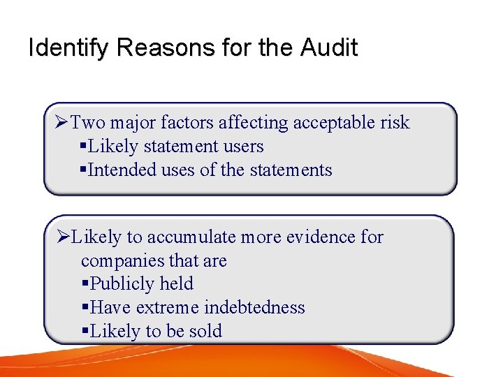 Identify Reasons for the Audit ØTwo major factors affecting acceptable risk §Likely statement users