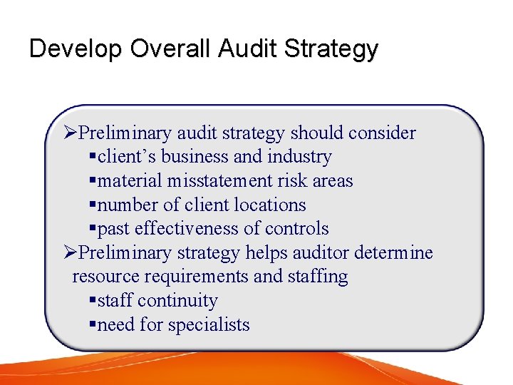 Develop Overall Audit Strategy ØPreliminary audit strategy should consider §client’s business and industry §material