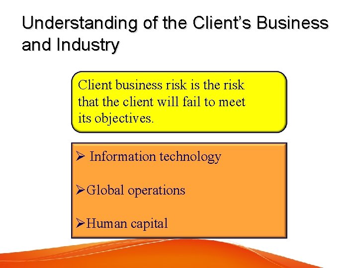 Understanding of the Client’s Business and Industry Client business risk is the risk that