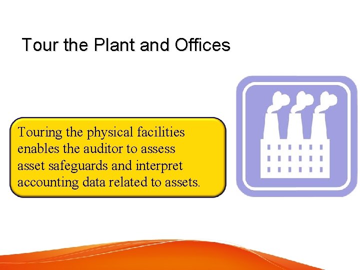 Tour the Plant and Offices Touring the physical facilities enables the auditor to assess