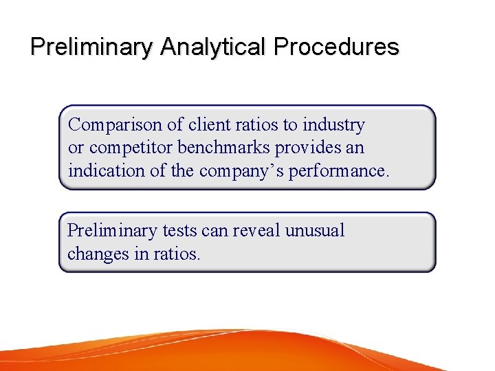 Preliminary Analytical Procedures Comparison of client ratios to industry or competitor benchmarks provides an