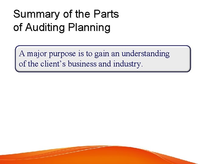 Summary of the Parts of Auditing Planning A major purpose is to gain an