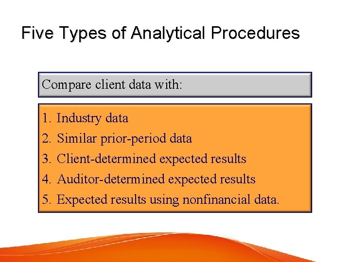 Five Types of Analytical Procedures Compare client data with: 1. Industry data 2. Similar