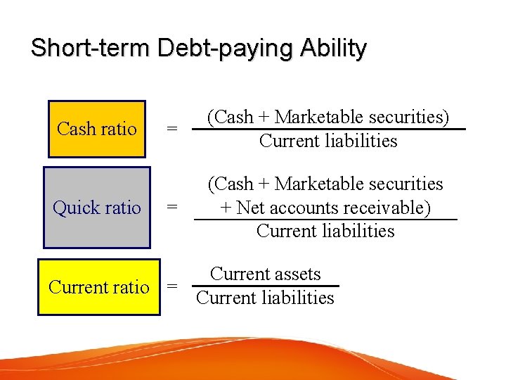 Short-term Debt-paying Ability Cash ratio Quick ratio = (Cash + Marketable securities) Current liabilities