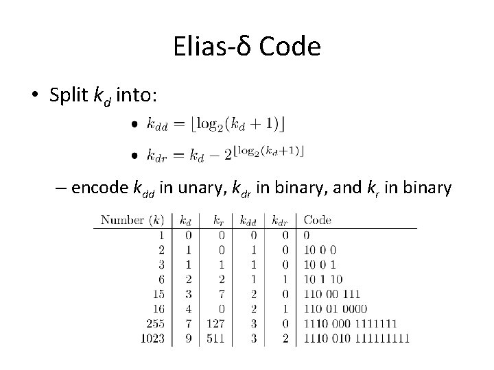 Elias-δ Code • Split kd into: – encode kdd in unary, kdr in binary,