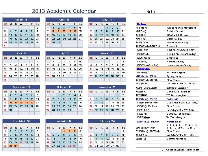 2013 Academic Calendar March '13 Su M Tu W April '13 Th F 1